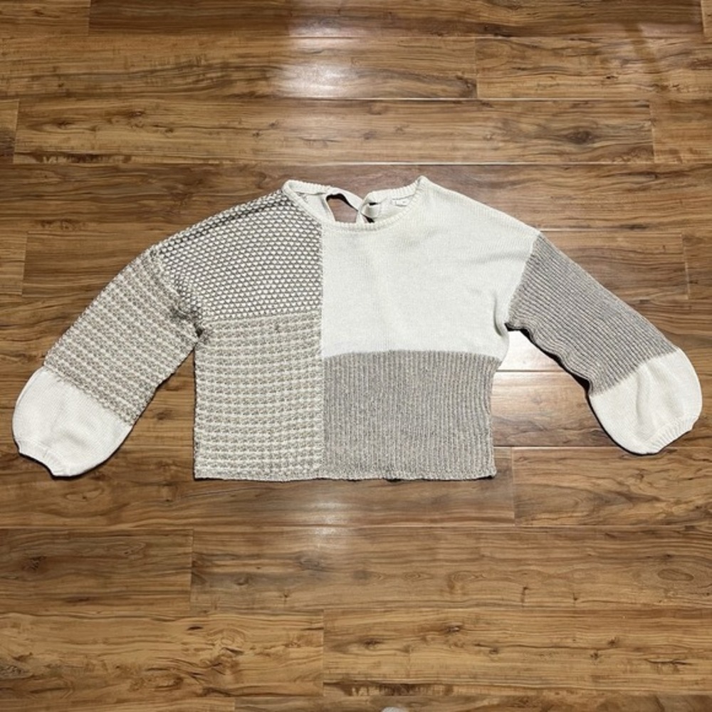 Blu Pepper Womens Small Colorblock Mixed Knit Crop Sweater Ivory Taupe Tie Back